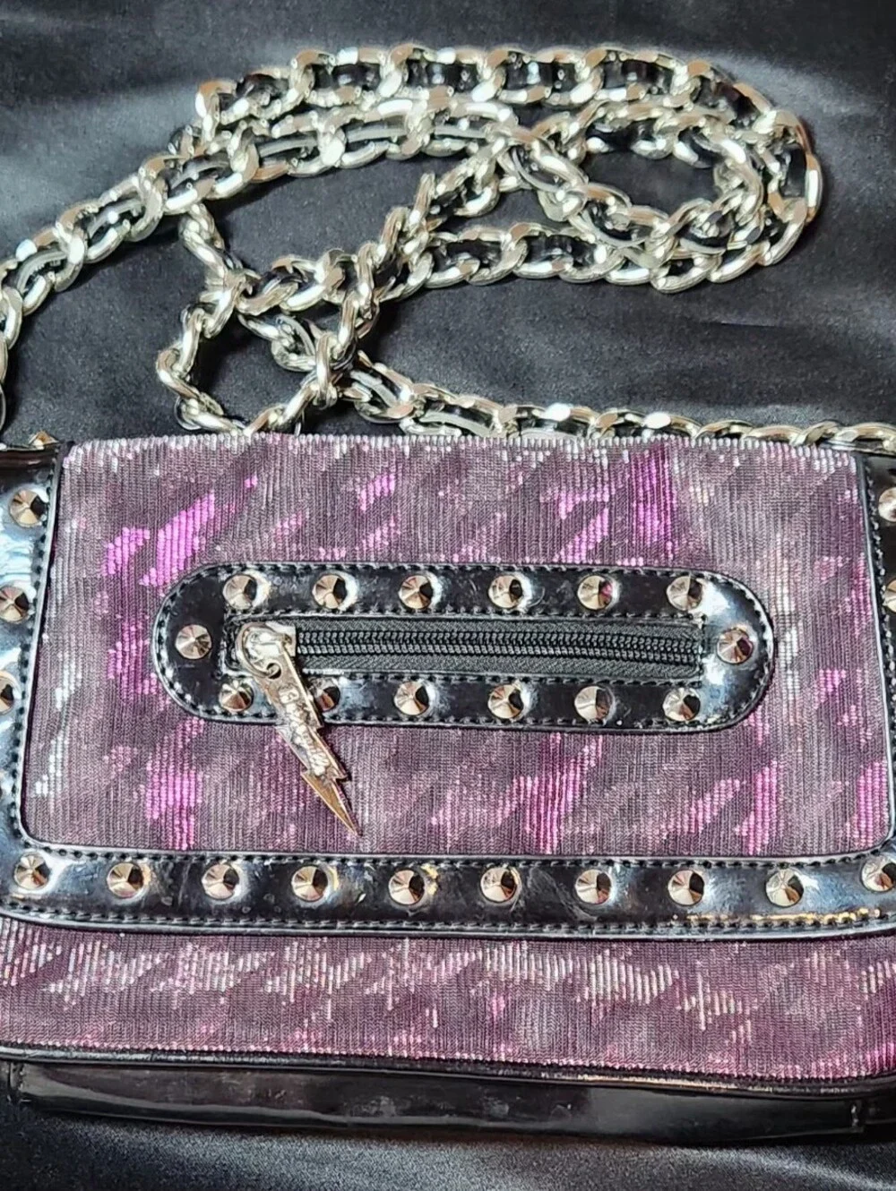 Y2K Betseyville Crossbody Chain Purse Metal Studs Rocker Purple Pink Shimmer